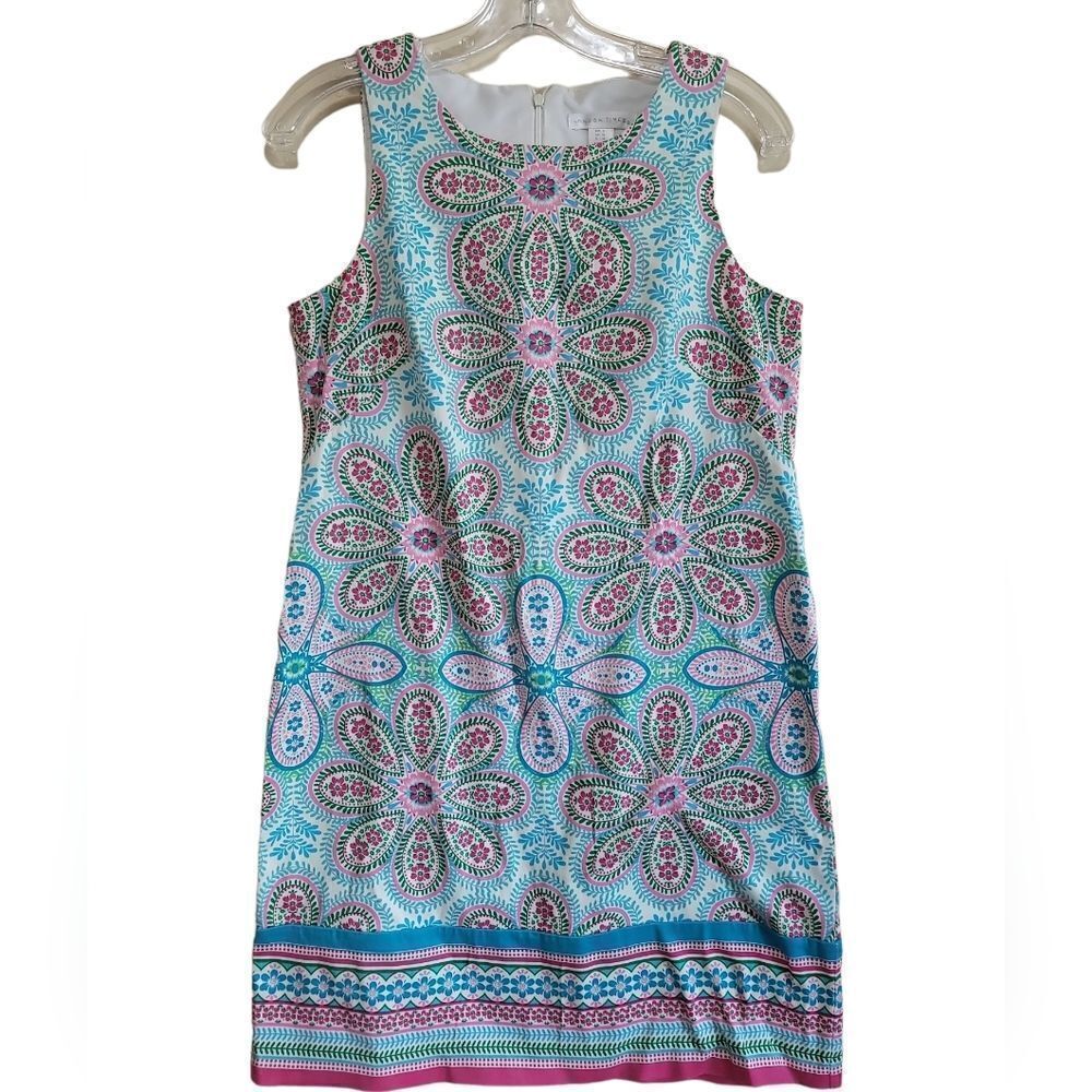 London Times  Blue Pink Green Sleeveless  Dress with Back Zipper Closure Sz 6
